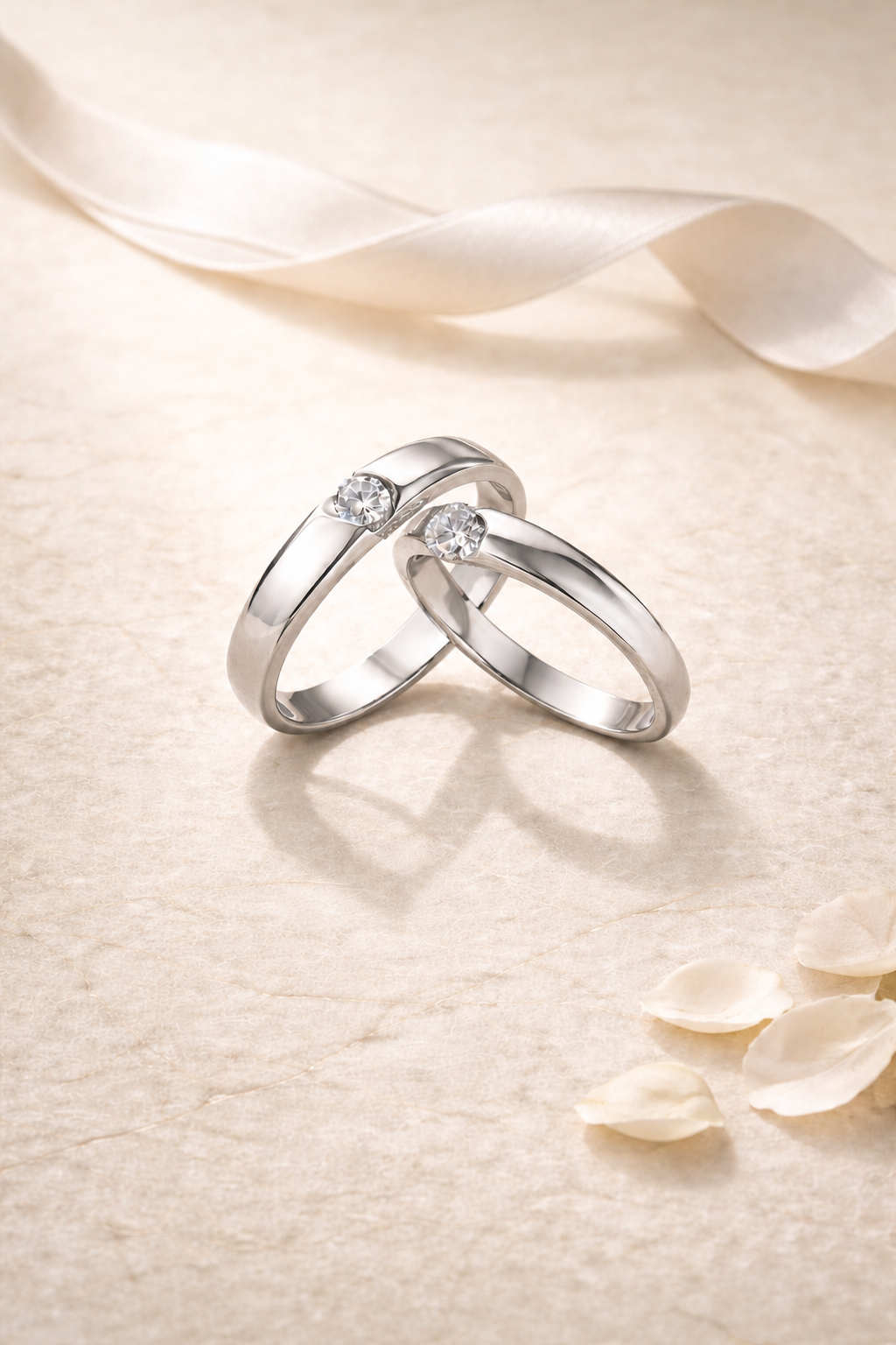Two diamond engagement rings resting together