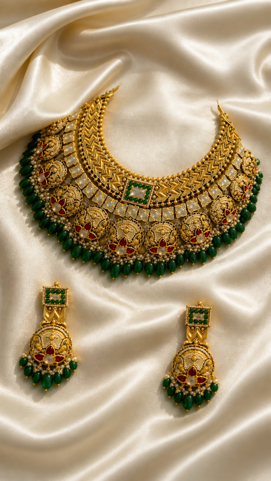 Gold and emerald necklace and earrings on ivory satin