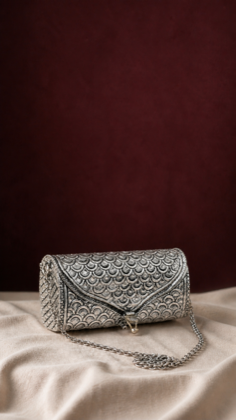 Silver purse on ivory silk with a maroon backdrop