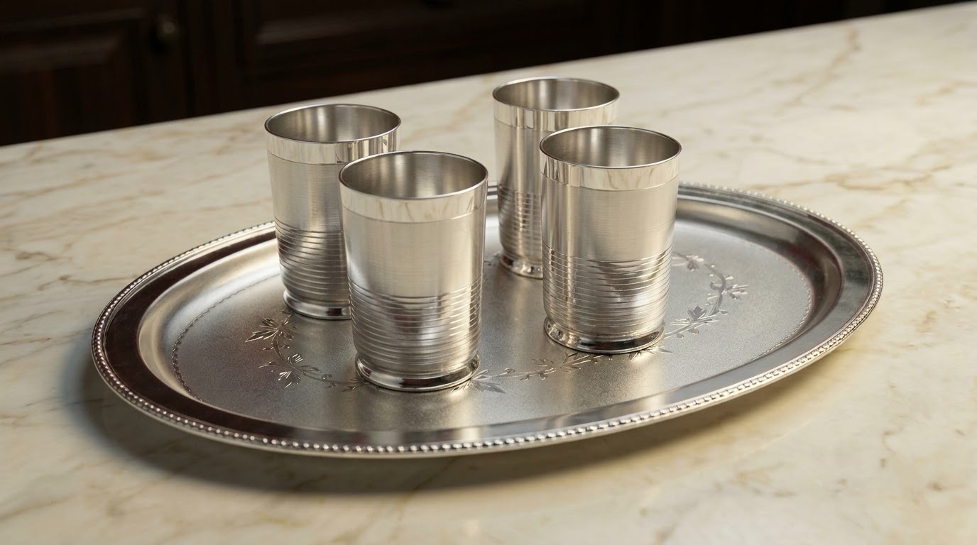 Silver tray with matching tumblers on a marble table