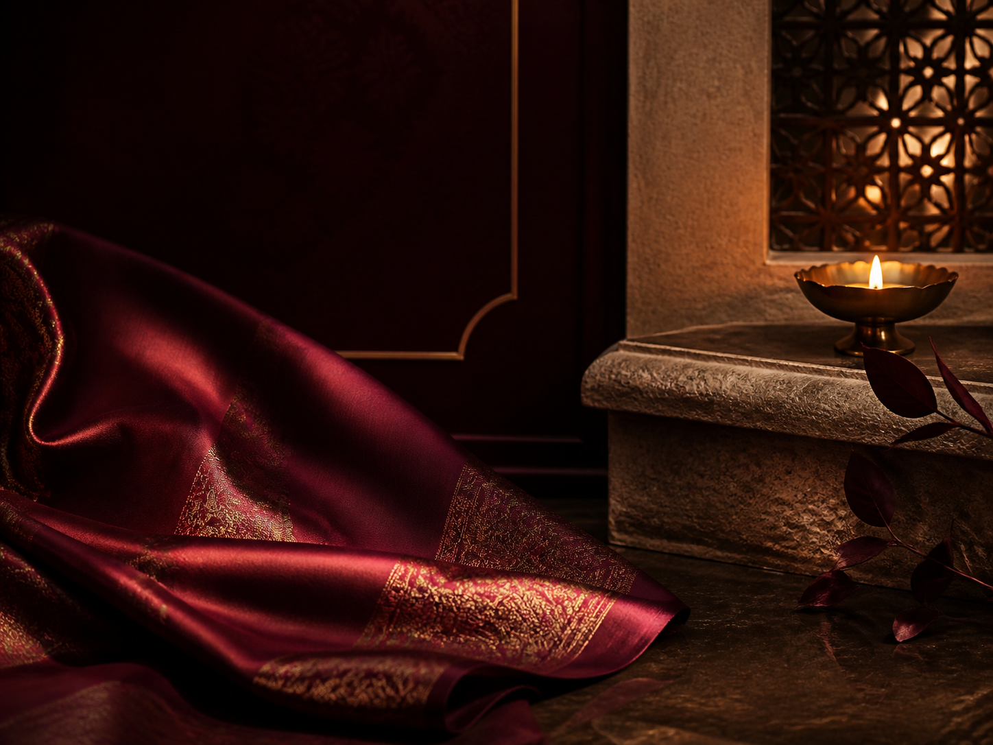 Oxblood silk and candlelit stone setting